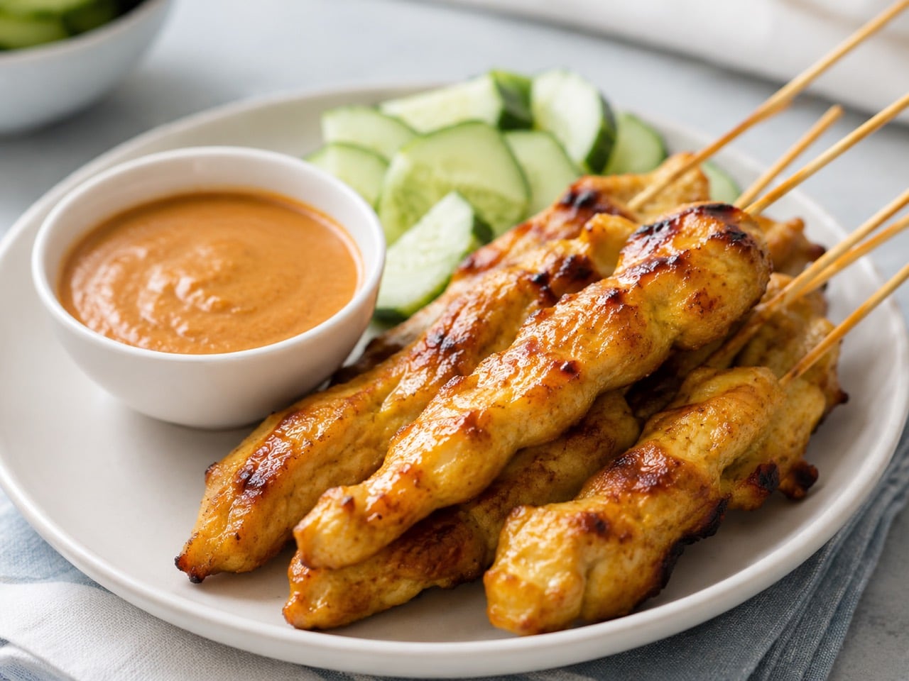 Mildes Chicken Satay mit Dip und Beilage