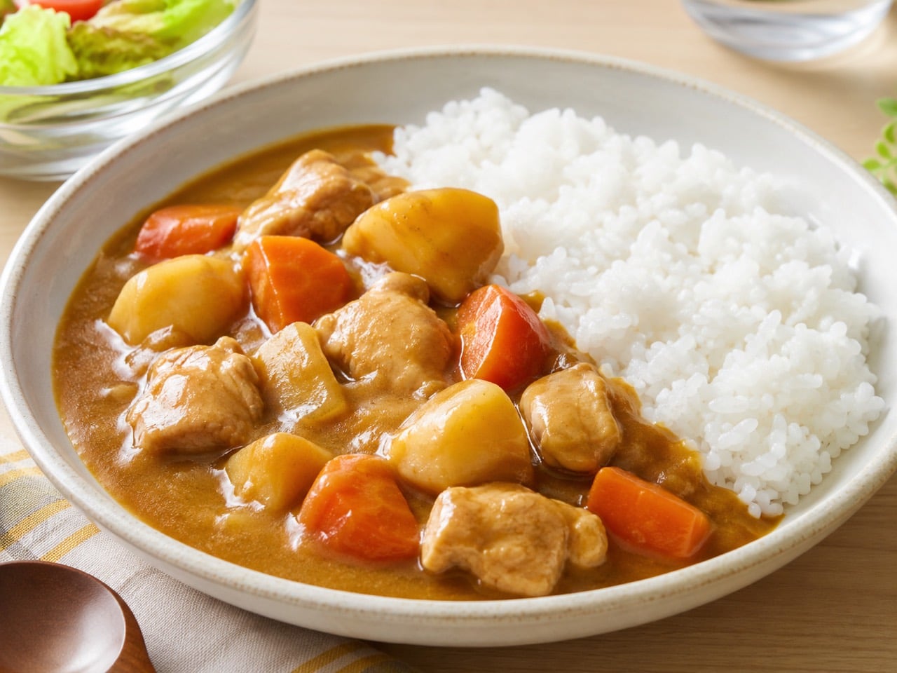 Mildes japanisches Curry mit Reis auf einem Teller