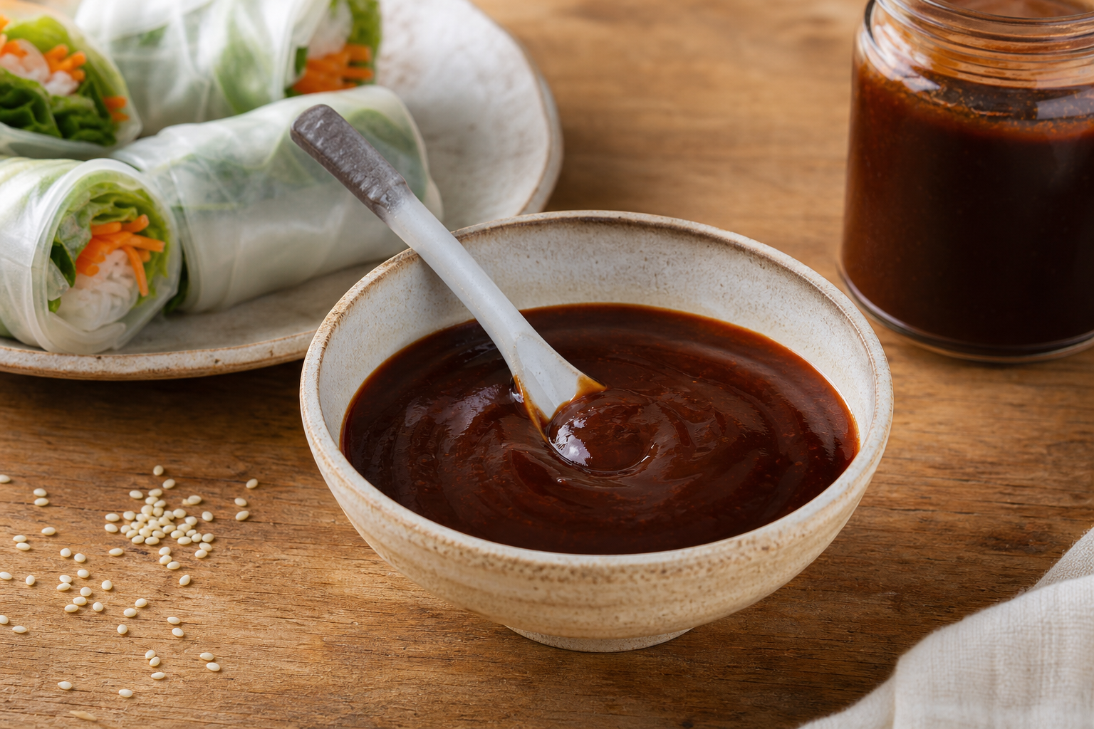 Dark red hoisin sauce in a bowl beside Vietnamese summer rolls