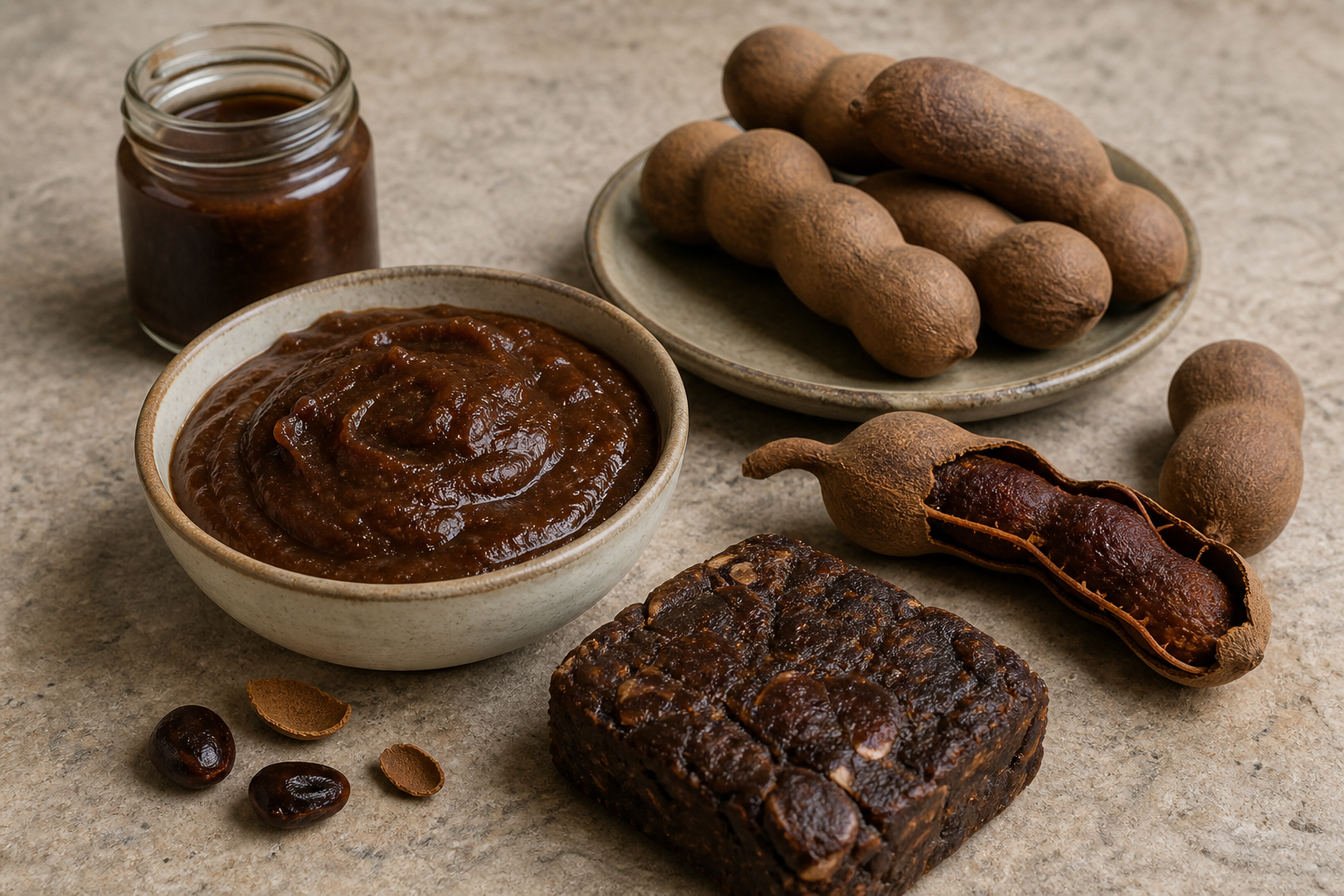 Tamarindenpaste, gepresstes Tamarindenmark und Tamarindenfrüchte auf einer Küchenfläche