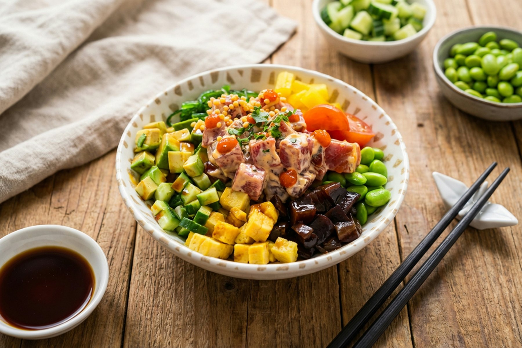 Colourful poke bowl with avocado, cucumber, edamame and tuna