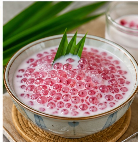 Indonesian bubur sagu mutiara with pink tapioca pearls and coconut milk