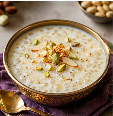 Indian sabudana kheer with tapioca pearls, cardamom, saffron and nuts