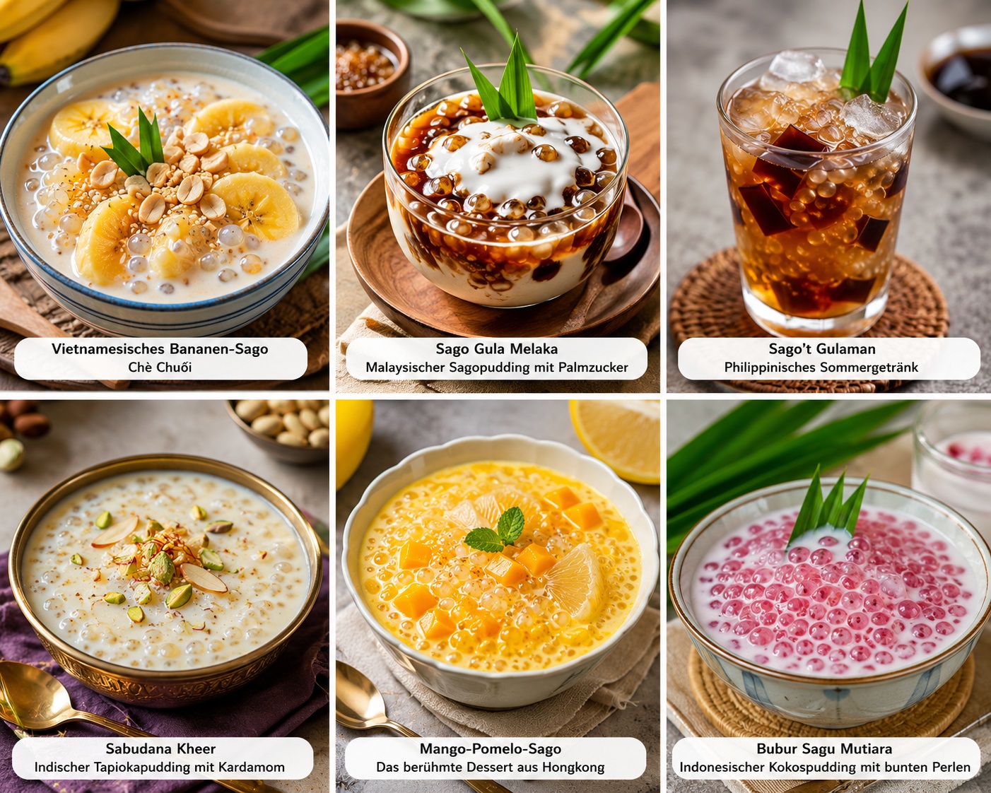 A collage of six Asian sago desserts and drinks