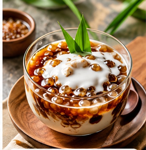 Malaysian sago gula melaka with coconut milk and dark palm sugar syrup