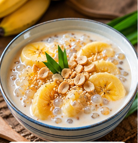 Vietnamese chè chuối with banana, coconut milk, tapioca pearls and peanuts