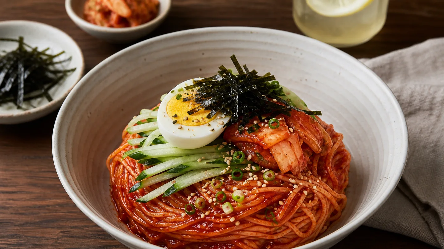 บะหมี่เย็นเกาหลีกับโคชูจัง แตงกวา ไข่ กิมจิ และงา
