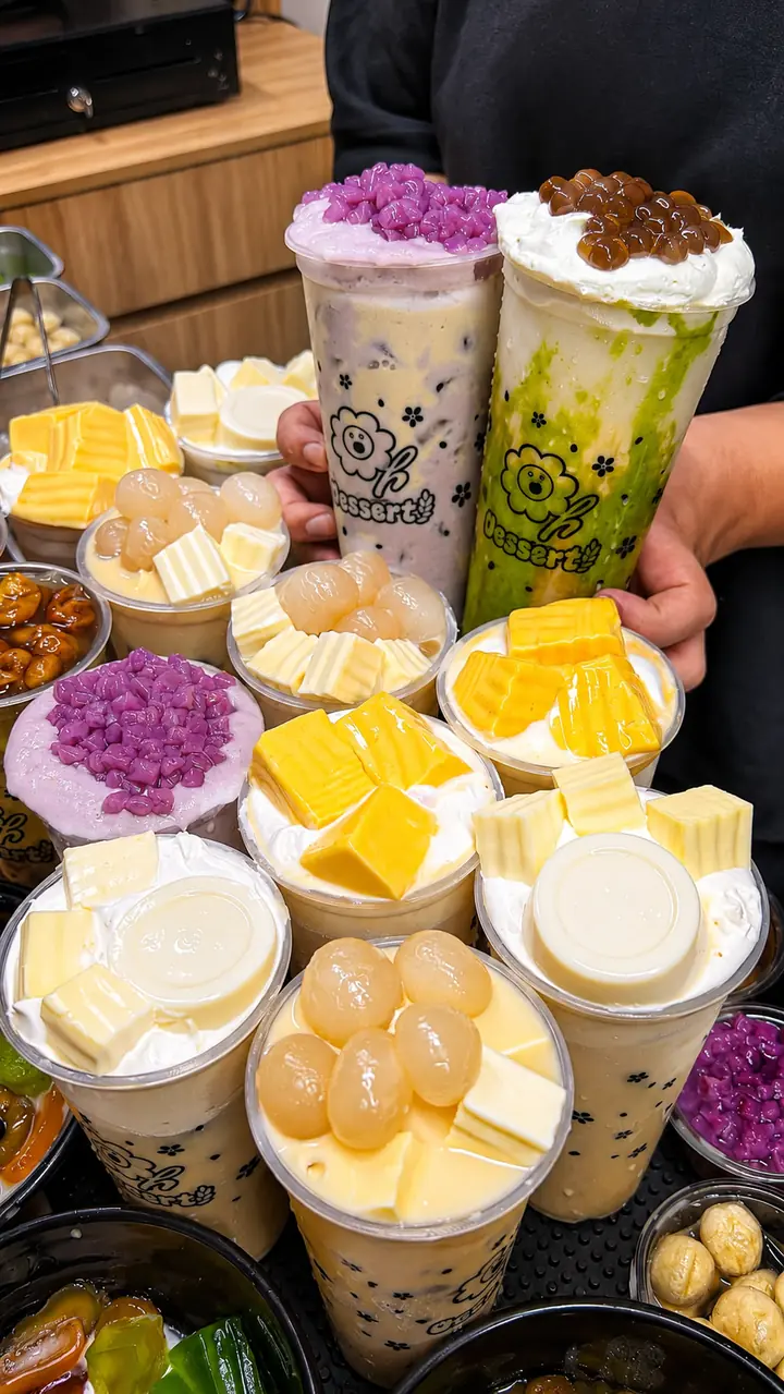 Auswahl an Bubble Tea und asiatischen Desserts mit verschiedenen Toppings