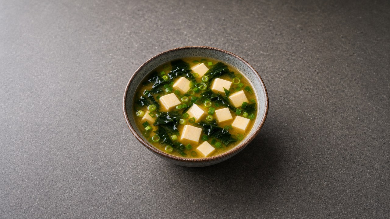 Japanische Misosuppe mit Tofu, Wakame und Frühlingszwiebeln