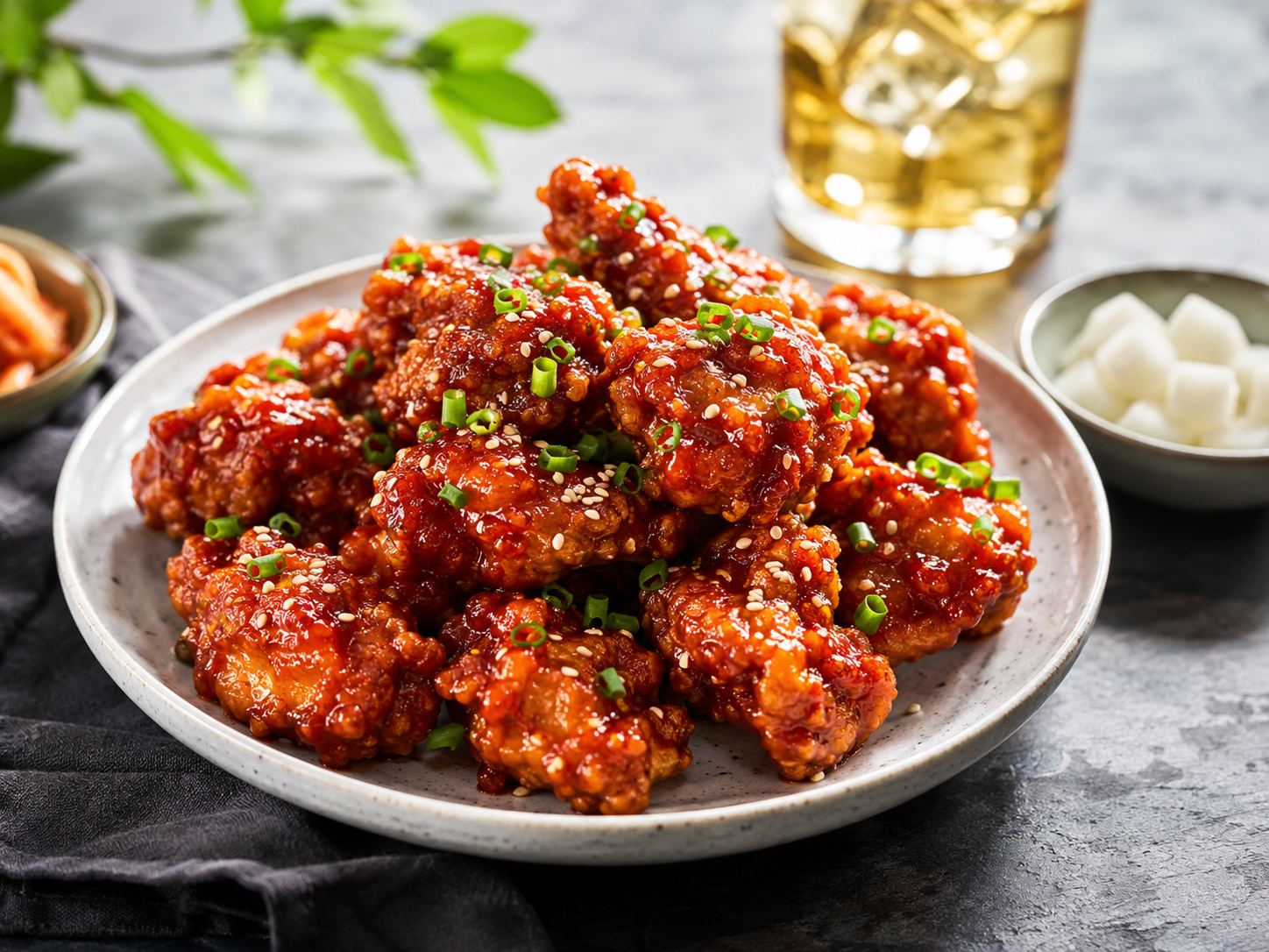 Koreanisches Yangnyeom Fried Chicken mit süß-scharfer Glasur, Sesam und Frühlingszwiebeln