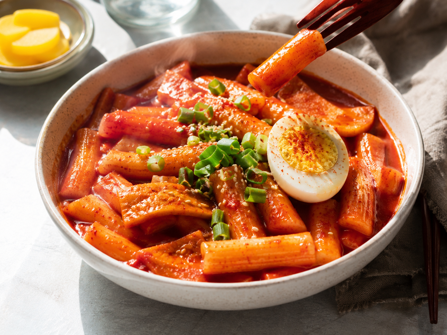 Tteokbokki mit Reiskuchen und Ei