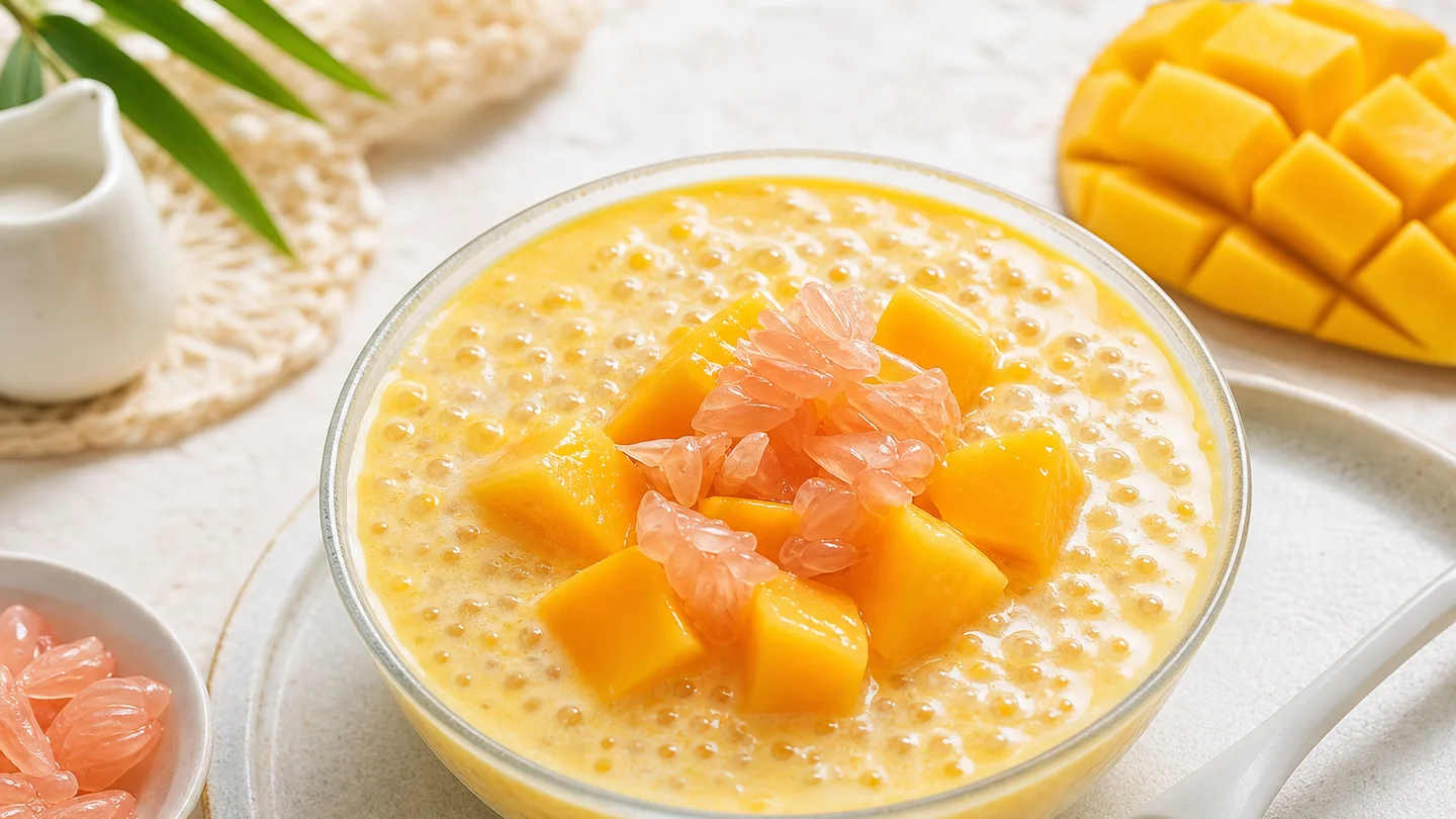 Chilled mango sago with coconut milk, tapioca pearls and mango cubes