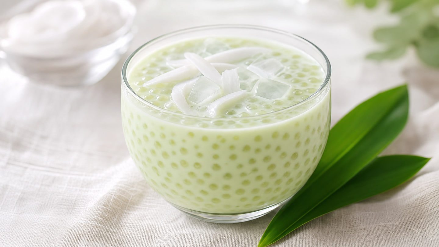 Pandan-Kokos-Sago mit kleinen Tapiokaperlen und jungem Kokosfleisch