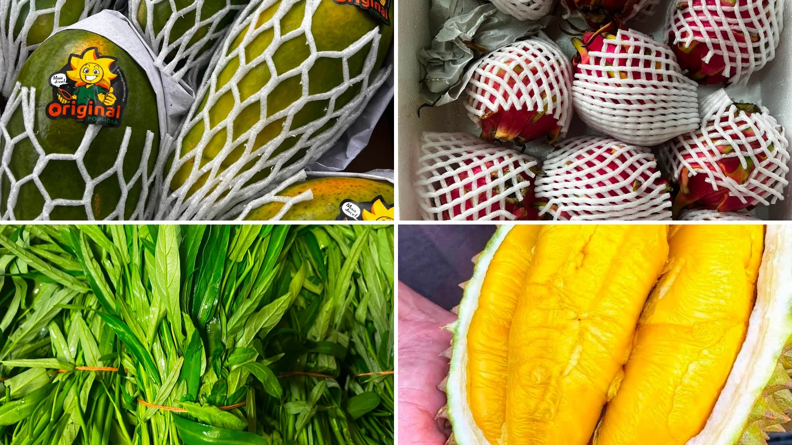 Collage of fresh mango, dragon fruit, water spinach and opened durian at Asia Markt Thien Tam